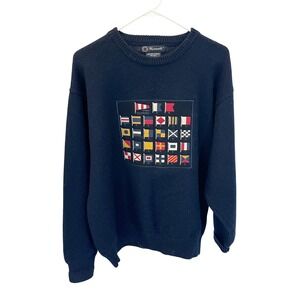 Faconnable Mens Vintage Wool Nautical Signal Flag Sweater Navy Blue Large